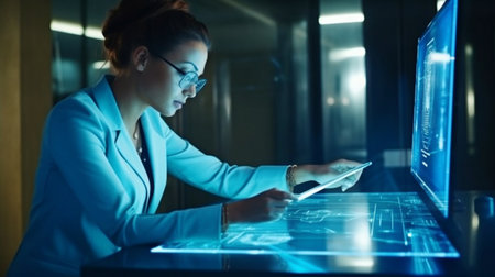 Generative AI and a businesswoman utilising a hologram computer screenの素材