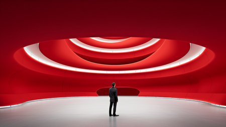Generative AI depicts a human standing in an abstract, red, curving area.の素材