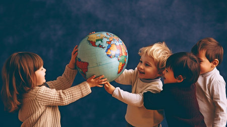 Generative AI depicts a group of kids cooperating to keep the planet going.の素材