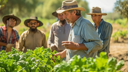 While harvesting organic vegetables, a man talks to a bunch of farm labourers using Generative AI.の素材