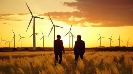 Wind energy, Generative AI, and other renewable energy sources are discussed by businesspeople.の素材