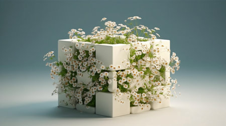 flower-covered white organic cell-structured cube. Generative AIの素材