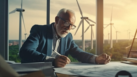 A senior male architect working on an environmentally friendly construction project in his office while inspecting wind turbine models on the engineer's workbench. The Generative AIの素材