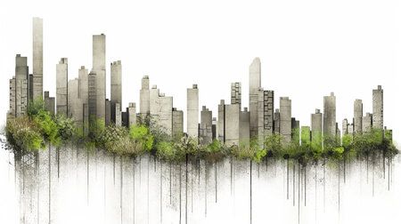 Generative AI's abstract evolving diagram of a sustainable, futuristic cityscape demonstrates the process of transition from an old, polluting concrete urban city.の素材