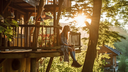 A senior woman relaxing outside in front of a tree house while using her smartphone, The Generative AIの素材