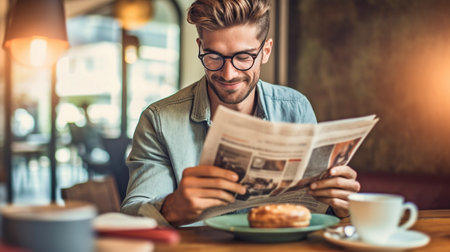 A young man with casual clothing and glasses reads a newspaper in a cafe. Generative AIの素材