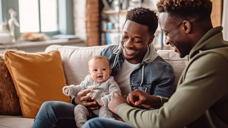 Generative AI allows two men to spend time with their little son.の素材