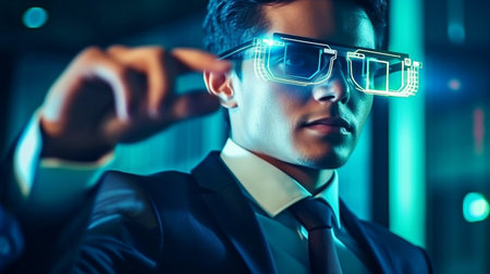 A man wearing high-tech smart glasses searches for a block chain icon and a distributed computing system with a businessman's hand grasping the icon using Generative AI.の素材