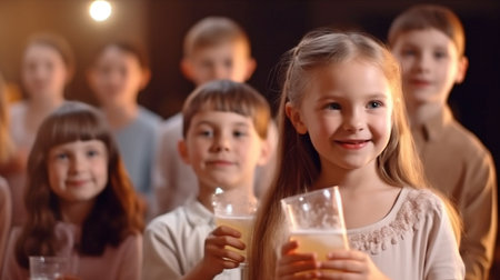 Generative AI shows a frontal view of Caucasian children having fun together while drinking a sparkling beverage.の素材