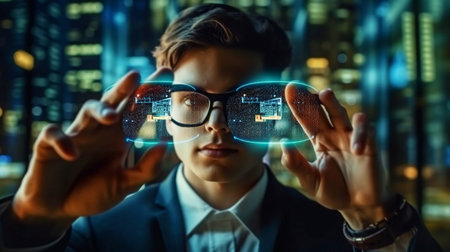 A man wearing high-tech smart glasses searches for a block chain icon and a distributed computing system with a businessman's hand grasping the icon using Generative AI.の素材