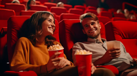 Enjoying themselves, a young, cute couple is alone in a red movie theatre. Generative AIの素材