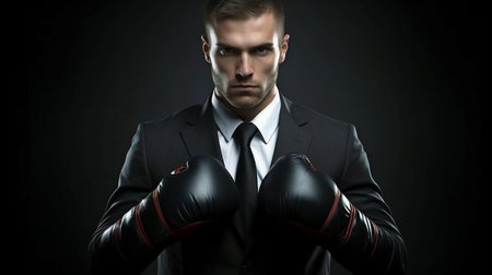 Generative AI businessman wearing boxing gloves isolated on blackの素材