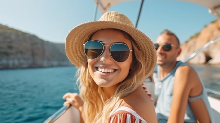 A happy young woman is riding a motorboat with her buddies on a sunny day. The Generative AIの素材