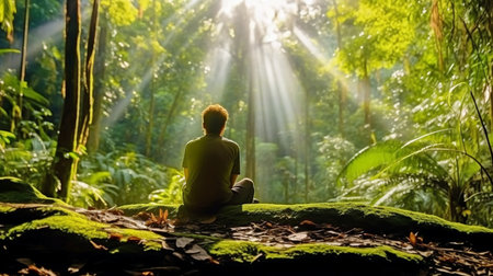 Generative AI is being considered by a young man as he looks at a rainforest with sunbeams lighting up the trees.の素材