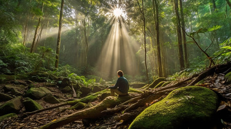 Generative AI is being considered by a young man as he looks at a rainforest with sunbeams lighting up the trees.の素材