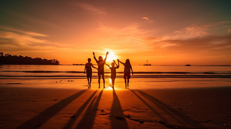 An animated Asian family enjoying a holiday beach jump. Family enjoying the beach sunset in silhouette while holding hands.Generative AI notion of happy family vacations and travelの素材