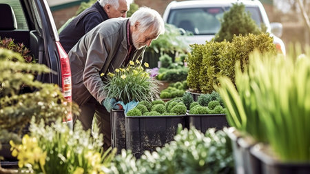 Generative AI is used by a customer to load plants into their car trunk.の素材