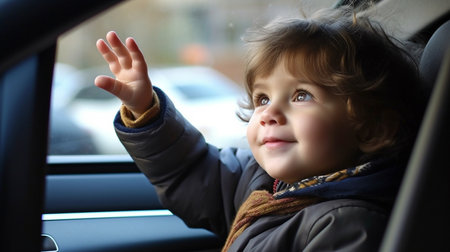 Little Child in Car Pointing Away and Glancing Out the Window, Generative AIの素材