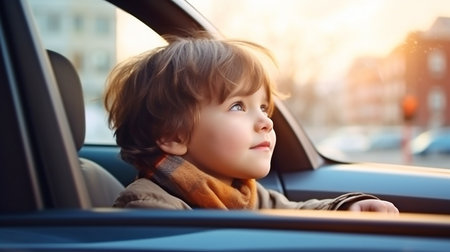 Little Child in Car Pointing Away and Glancing Out the Window, Generative AIの素材