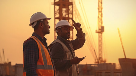 Building ideas are discussed by multi-ethnic construction workers holding blueprints at a construction site with a crane in the background as dusk falls. The Generative AIの素材