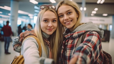 At the airport, two young women are using Generative AI to take selfies.の素材