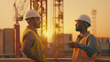 Building ideas are discussed by multi-ethnic construction workers holding blueprints at a construction site with a crane in the background as dusk falls. The Generative AIの素材