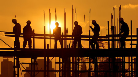 Generative AI silhouette of construction workers against the sunの素材