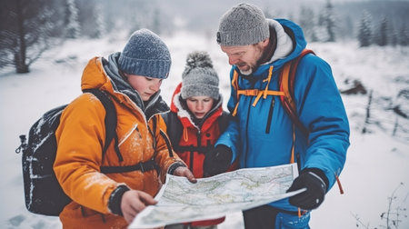 With a map, compass, a snowy mountain, and Generative AI, a man and two adolescent lads determine their journey.の素材