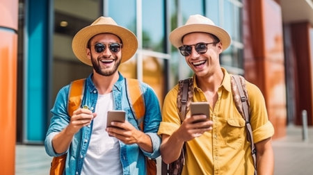 Generative AI city copy space backdrop, two smiling young tourists carrying bags while travelling for vacation.の素材