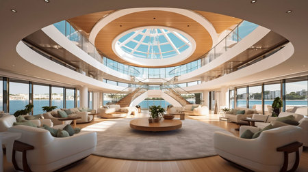 Generative AI interior of a mansion with high ceilings and an opulent light boatの素材