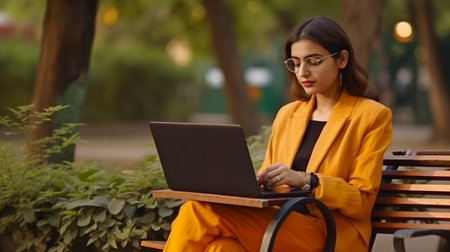 Generative AI image of an Indian businesswoman using a laptop while seated on a benchの素材