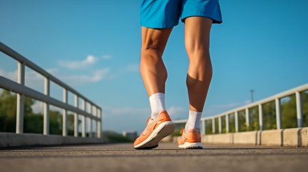 Knee injury muscle, guy working out with medical discomfort, body emergency, and sky mockup senior male legs, Generative AIの素材