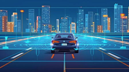 Concept of an autonomous automobile sensor system for driverless vehicle control safety. Future adaptive cruise control will use generative AI to detect surrounding vehicles and pedestrians.の素材