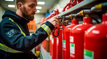 Generative AI and a man inspecting indoor fire extinguishersの素材