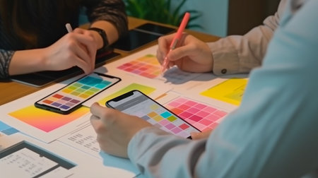 Close-up of a UI designer and UX developer discussing a mobile app interface wireframe design on a table with the customer's instructions and a colour scheme in a contemporary office using Generative AI.の素材