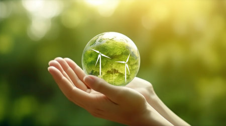 grasping a green planet is a woman. Earth with solar and wind energy in the backdrop. Generative AI represents green energy and sustainable development.の素材