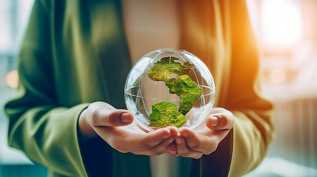grasping a green planet is a woman. Earth with solar and wind energy in the backdrop. Generative AI represents green energy and sustainable development.の素材