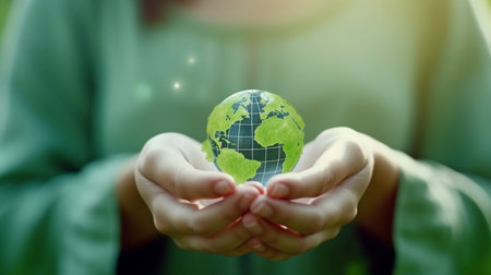grasping a green planet is a woman. Earth with solar and wind energy in the backdrop. Generative AI represents green energy and sustainable development.の素材