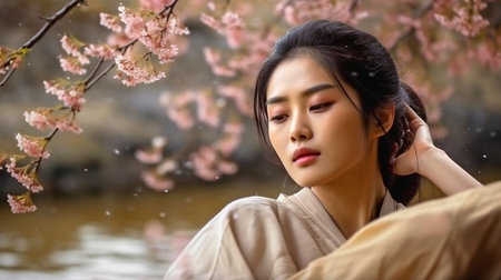 Generative AI Portrait of an Asian Woman in a Waterfall and Sakura Flower Forestの素材
