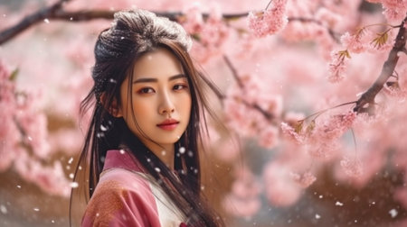 Generative AI Portrait of an Asian Woman in a Waterfall and Sakura Flower Forestの素材