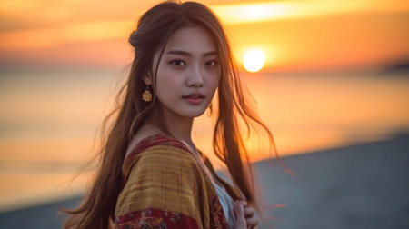 beauty At the beach, a Japanese girl. Generative AI Portrait Sunsetの素材