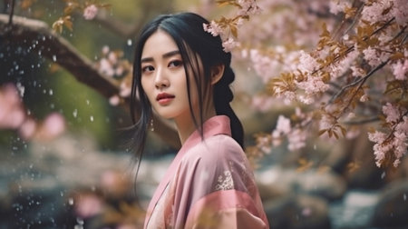 Generative AI Portrait of an Asian Woman in a Waterfall and Sakura Flower Forestの素材