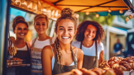Happy youthful vendors in a food truck, Generative AI street sale and people ideaの素材