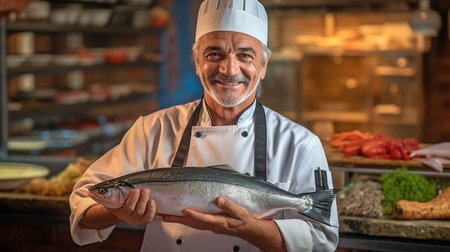 Generative AI portrait of a happy chef holding a salmon fishの素材
