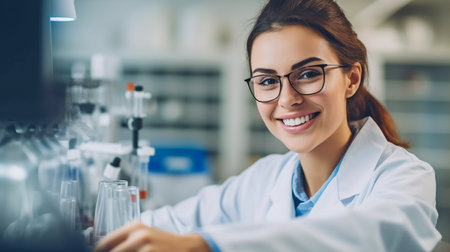 A happy female lab worker is engaged in technical work. Generative AIの素材