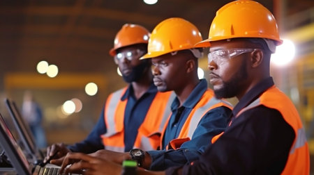 Black engineers monitor and operate systems in the production while donning helmet hats and carrying computers, using Generative AI.の素材