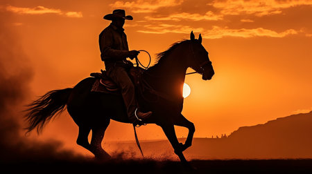 A riding horse silhouetted against the sunset and a cowboy on a horse rising up, Generative AIの素材