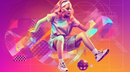 Generative AI creates a psychedelic template collage of a young woman playing a hard-level metaverse game while skating on math symbols.の素材