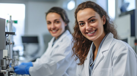 Generative AI being worked on by two happy female lab assistants.の素材