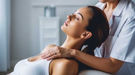 Examining a patient's neck and back is a doctor using Generative AI.の素材